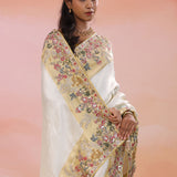 Silver Banarasi Tissue Saree With Contrast Dusty Yellow Border