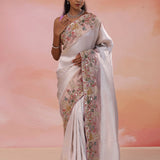 Silver Banarasi Tissue Saree With Contrast Twilight Lavender Border