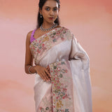 Silver Banarasi Tissue Saree With Contrast Twilight Lavender Border