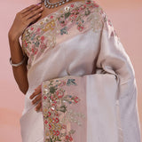 Silver Banarasi Tissue Saree With Contrast Twilight Lavender Border