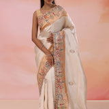 Silver Banarasi Tissue Saree With Scallop Embroidered Scallop Pale Taupe Border