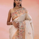 Silver Banarasi Tissue Saree With Scallop Embroidered Scallop Pale Taupe Border