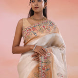 Silver Banarasi Tissue Saree With Scallop Embroidered Scallop Pale Taupe Border