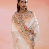 Silver Banarasi Tissue Saree With Scallop Embroidered Scallop Pale Taupe Border