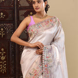 Silver Tissue Saree With Scallop Border