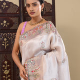 Silver Tissue Saree With Scallop Border