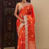 Vibrant Orange Tissue Saree With Scallop Border