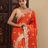 Vibrant Orange Tissue Saree With Scallop Border