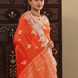 Vibrant Orange Tissue Saree With Scallop Border