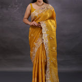 Dusty Yellow Banarasi Tissue Saree With Scallop Border