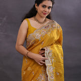 Dusty Yellow Banarasi Tissue Saree With Scallop Border