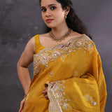Dusty Yellow Banarasi Tissue Saree With Scallop Border