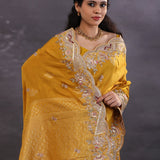 Dusty Yellow Banarasi Tissue Saree With Scallop Border