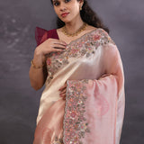 Soft Pink Banarasi Tissue Saree With Scallop Border