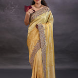 Golden Yellow Banarasi Tissue Saree With Scallop Border