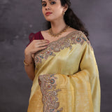 Golden Yellow Banarasi Tissue Saree With Scallop Border
