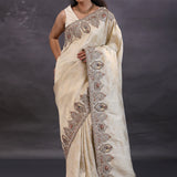 Golden White Banarasi Tissue Saree With Scallop Border
