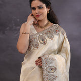 Golden White Banarasi Tissue Saree With Scallop Border