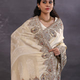Golden White Banarasi Tissue Saree With Scallop Border