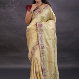 Pastel Gold Banarasi Tissue Saree With Scallop Border