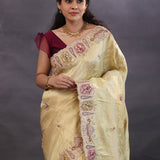 Pastel Gold Banarasi Tissue Saree With Scallop Border