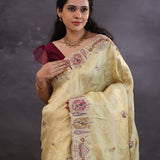 Pastel Gold Banarasi Tissue Saree With Scallop Border