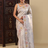 Slate Blue Gray Tissue Saree With Scallop Border