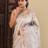 Slate Blue Gray Tissue Saree With Scallop Border