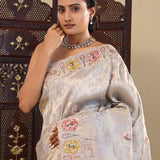 Slate Blue Gray Tissue Saree With Scallop Border