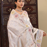 Slate Blue Gray Tissue Saree With Scallop Border