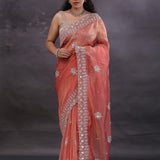 Punch Pink Fancy Tissue Saree With Scallop Border