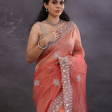 Punch Pink Fancy Tissue Saree With Scallop Border