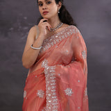 Punch Pink Fancy Tissue Saree With Scallop Border