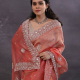 Punch Pink Fancy Tissue Saree With Scallop Border