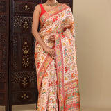 Apricot Cream Banarasi Tissue Saree With Animal Motifs
