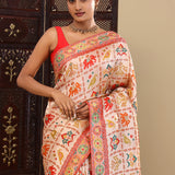 Apricot Cream Banarasi Tissue Saree With Animal Motifs