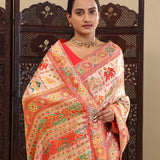 Apricot Cream Banarasi Tissue Saree With Animal Motifs