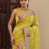 Greenish Brown Tissue Saree With Bandhani Work