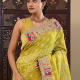 Greenish Brown Tissue Saree With Bandhani Work