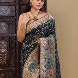 Bottle Green Bandhani Printed Tissue Saree With Scallop Border
