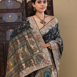 Bottle Green Bandhani Printed Tissue Saree With Scallop Border