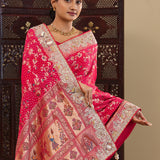 Dark Pink Tissue Saree With Bandhani Pattern