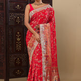 Scarlet Red Tissue Saree With Bandhani Pattern