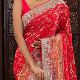 Scarlet Red Tissue Saree With Bandhani Pattern