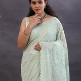 Pastel Green Georgette Fancy Saree With Thread Work