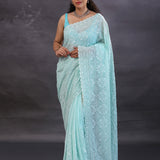 Pastel Blue Georgette Fancy Saree With Thread Work