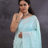 Pastel Blue Georgette Fancy Saree With Thread Work