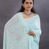 Pastel Blue Georgette Fancy Saree With Thread Work