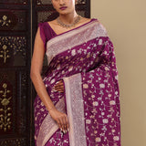Grape Purple Banarasi Silk Saree With Floral Bel