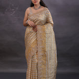 Golden And Silver Stripes Fancy Tissue Saree With Scallop Border